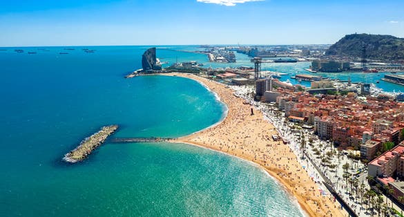 Photo of Barcelona central beach aerial view Sant Miquel Sebastian plage Barceloneta district catalonia.