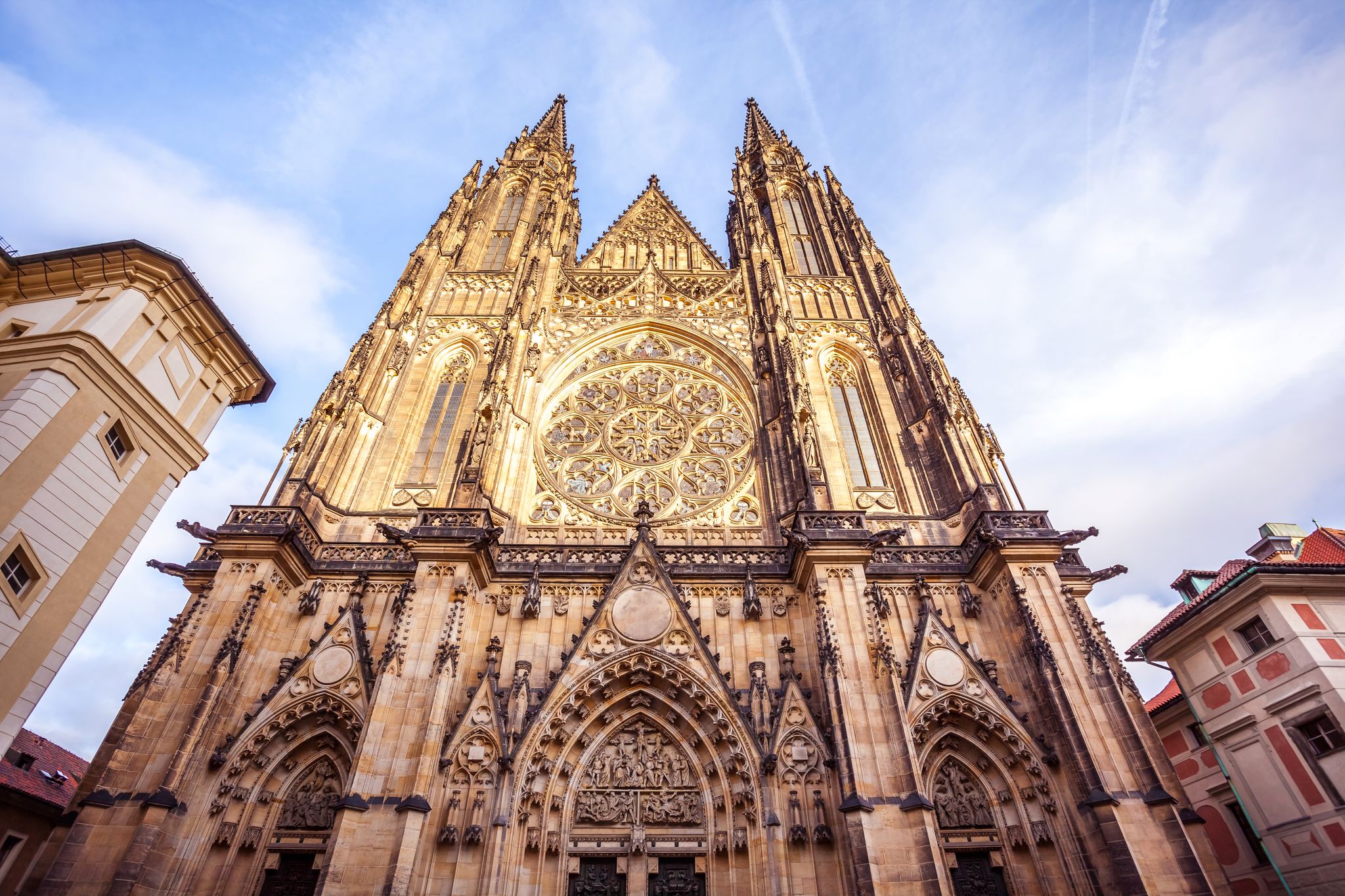 Photo of front view of the main entrance to the St. Vitus cathedral in Prague Castle in Prague, Czech Republic.