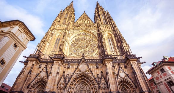 Photo of front view of the main entrance to the St. Vitus cathedral in Prague Castle in Prague, Czech Republic.