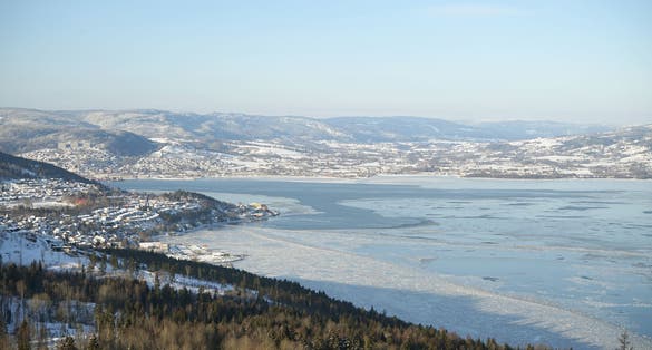 photo of Drammen fjord in winter time in Norway.