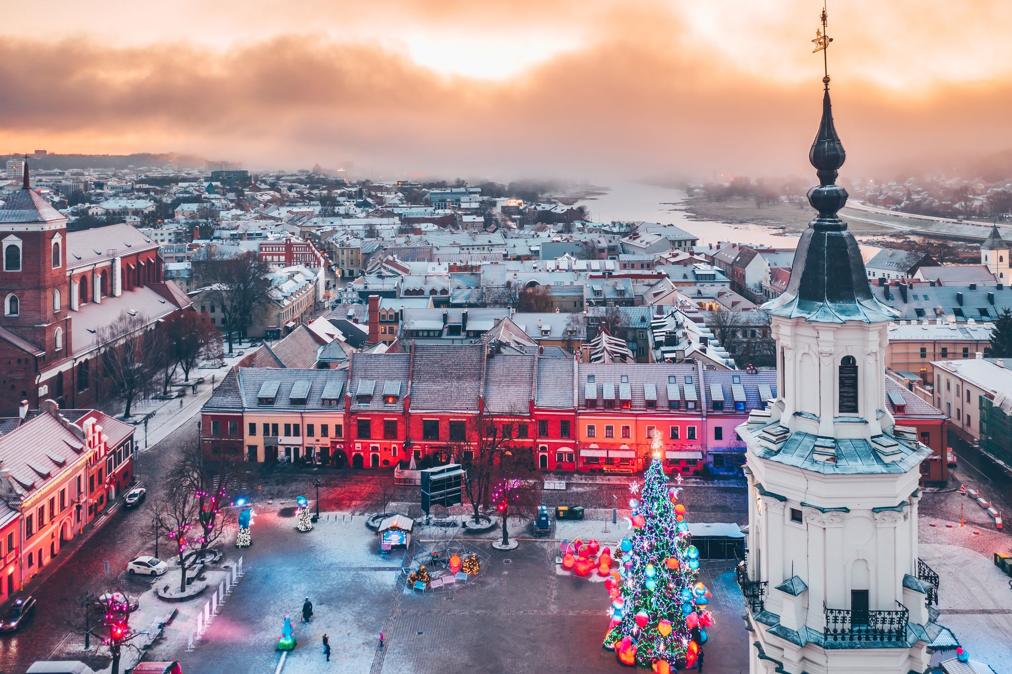Drone aerial view of Kaunas town hall square with Christmas Tree in winter morning