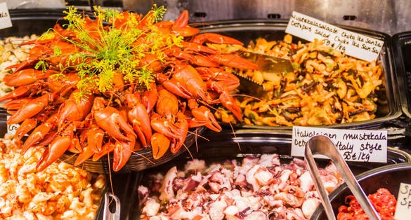 Photo of fresh seafood in Vanha kauppahalli (Old Market Hall) in Helsinki, Finland.