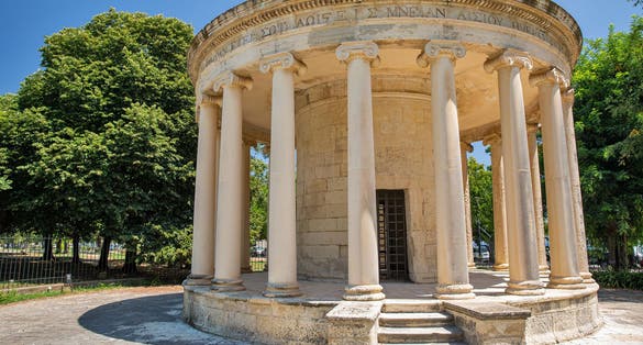 photo of Maitland Monument, also known as the Maitland Rotunda or the Peristyle of Maitland closeup. It is a neoclassical monument located at the end of Spianada square in Kerkyra, Corfu, Greece.c,Corfu Greece.