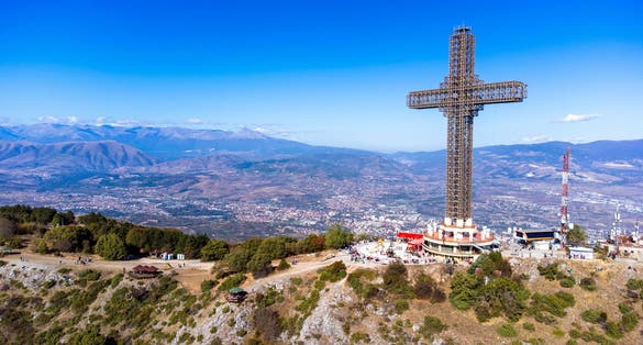 Photo of the Millennium Cross,a 66-meter tall cross, built on top Vodno Mountain in 2002 to commemorate 2,000 years of Christianity in Macedonia.