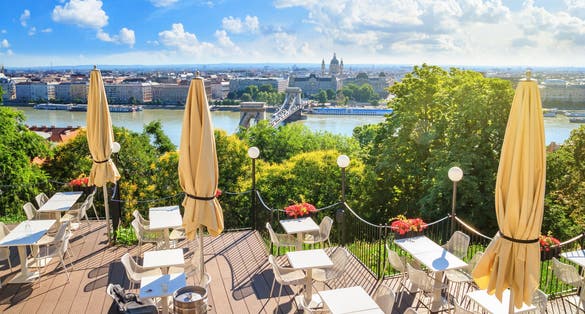 City summer landscape - top view from the cafe to the historic center of Budapest on a hot summer day, Hungary