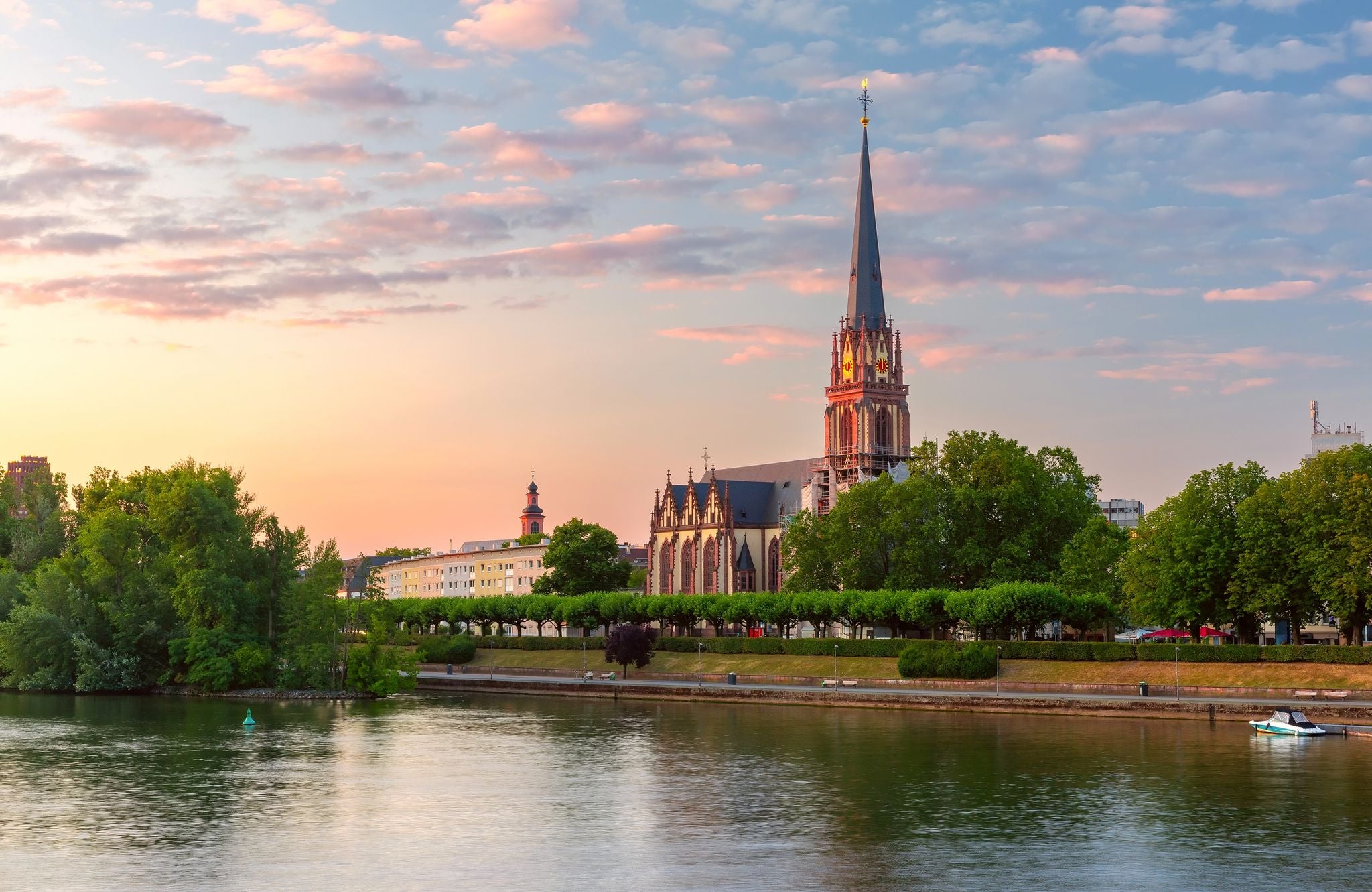 Amsterdam Netherlands dancing houses over river Amstel landmark in old european city spring landscape.