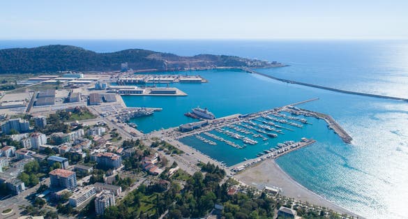 Photo of aerial view of the city Bar with blue beach.