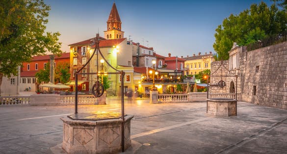 Photo of the city of Zadar in Croatia at sunset.