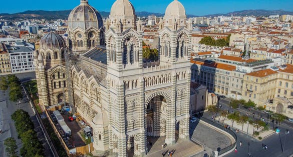 Old city center and Marseille Cathedral (Cathedrale Sainte-Marie-Majeure de Marseille). Top View.
