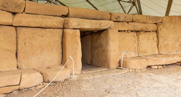 Photo of main entrance stone door of the Megalithic Temple of Hagar Qim in Qrendi, Malta.