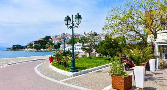 Photo of main square on the Skiathos island in Greece.