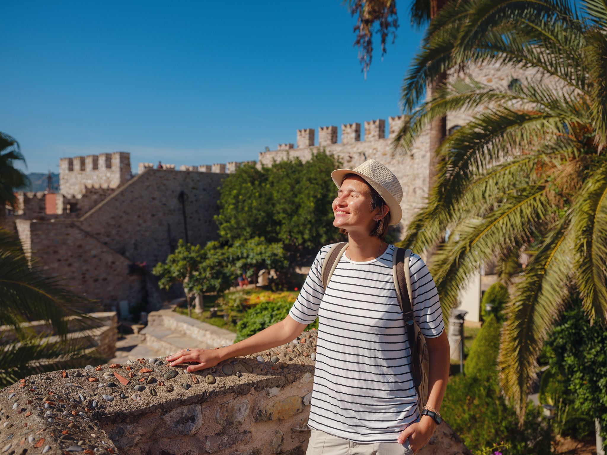 photo of tourist woman on beautiful in Marmaris Castle.