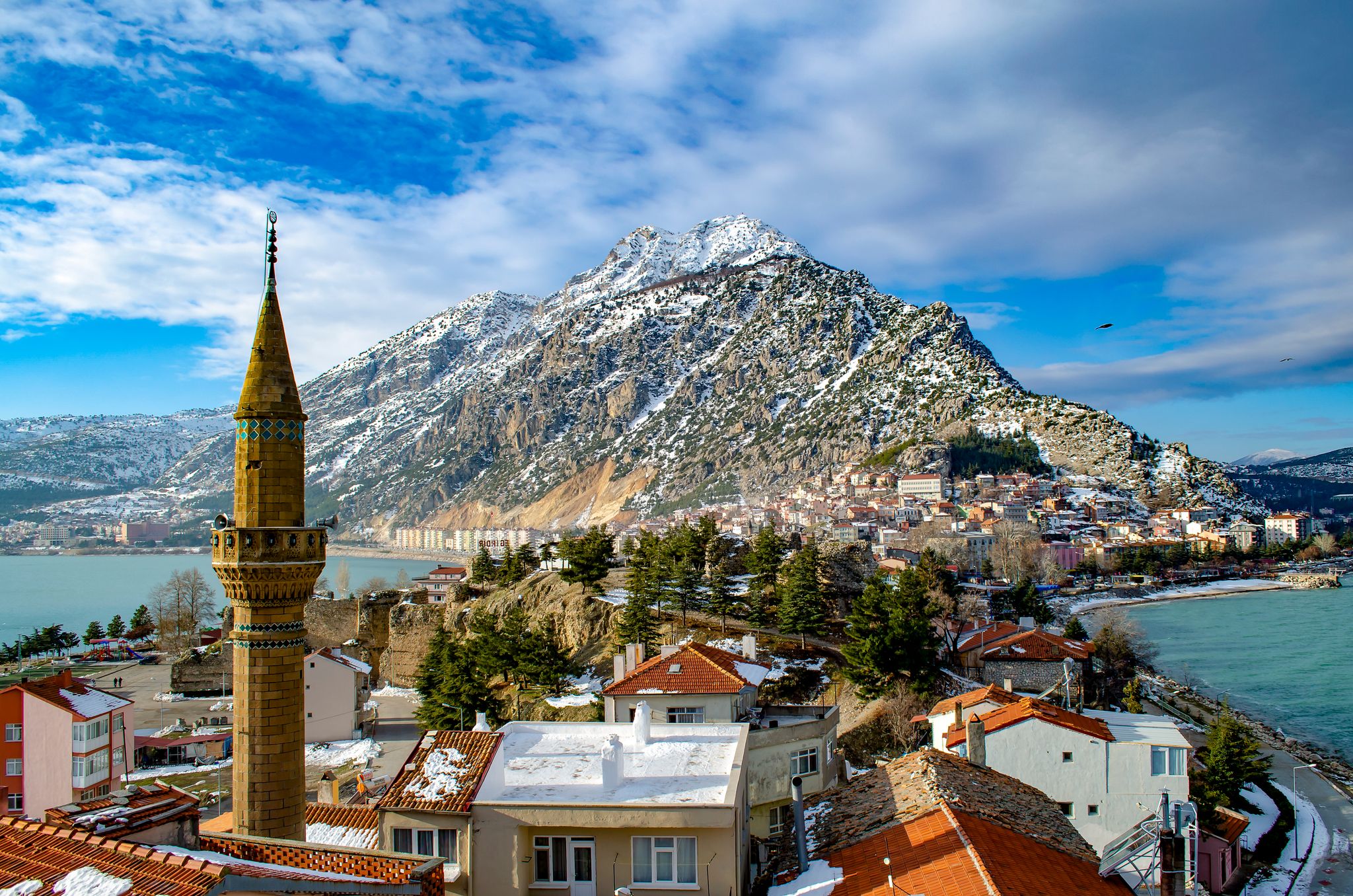 Photo of Isparta province, beautiful Egirdir lake and Needle mountain with mosque, Turkey.