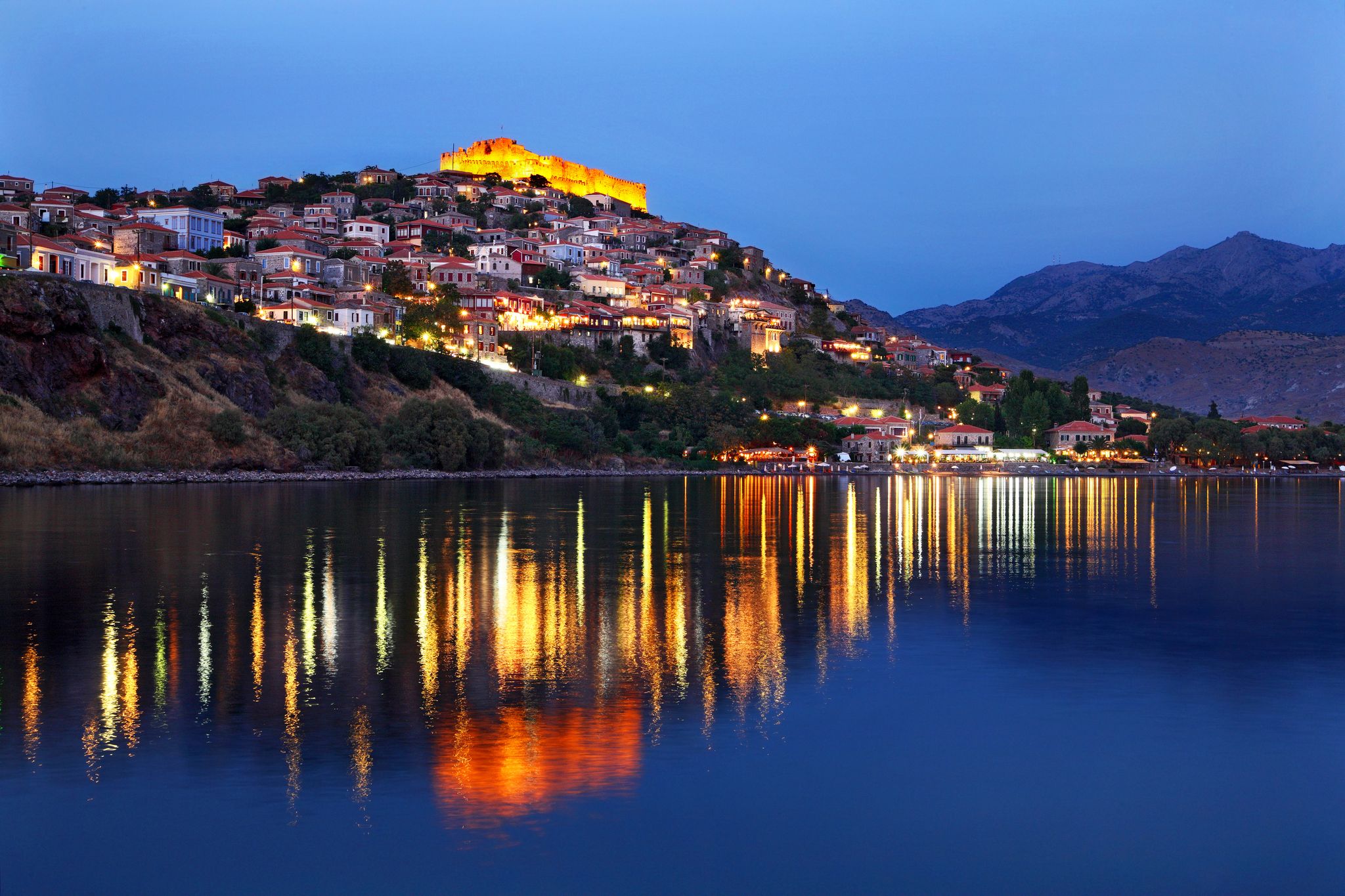 photo of LESVOS (or "MYTILENE") ISLAND, NORTH AEGEAN, GREECE. Night view of Molyvos town and its castle.,Mytilene  Greece.