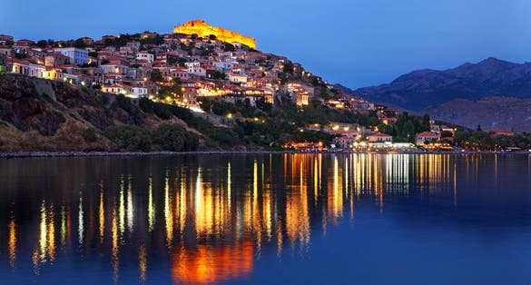 photo of LESVOS (or "MYTILENE") ISLAND, NORTH AEGEAN, GREECE. Night view of Molyvos town and its castle.,Mytilene  Greece.
