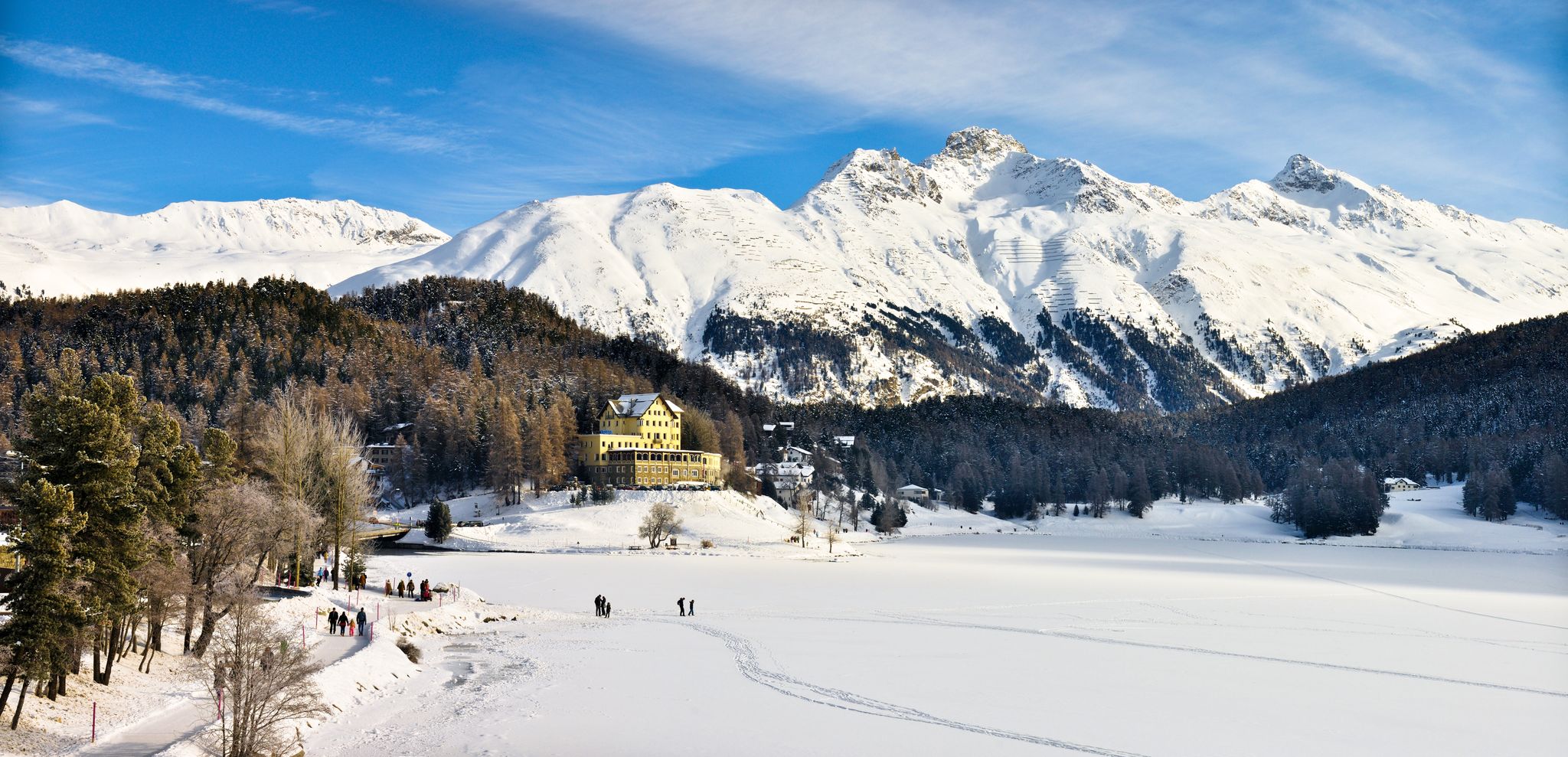 photo of St. Moritz, the famous resort region for winter sport, from the high hill in Switzerland.