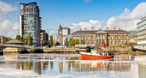 Photo of The Custom House and Lagan River in Belfast, Northern Ireland.