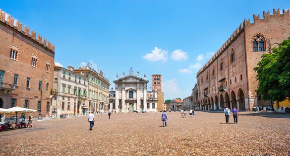 Famous Piazza delle Erbe in Mantua, Lombardy, Italy.