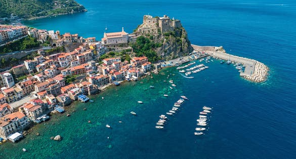 photo of view of Aerial view of Scilla, Reggio Calabria, Calabria. Promontory at the northern entrance of the Strait of Messina. Ruffo Castle and lighthouse. Tyrrhenian Sea. Italy