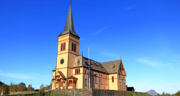 the Kabelvag Wooden Church in blue sky, Lofoten Islands, Norway.