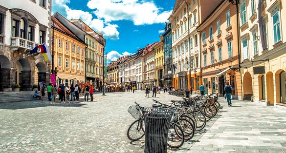 Photo of colorful street Ljubljana summer Lubiana buildings, Slovenia.