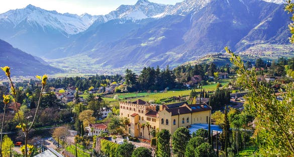 Castle Trauttmannsdorf with famous alpin botanical garden in Meran (Merano) in South Tyrol, Alto Adige, Südtirol, Italy, Europe. In Adige Valley, Etschtal