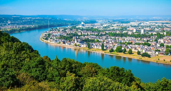 photo of view of Koblenz aerial panoramic view. Koblenz is a city on the Rhine where it is joined by Moselle river.