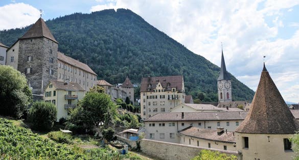 Beautiful view at town Chur , vineyards and Alps mountains, Switzerland