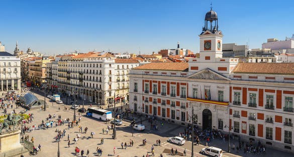 Photo of Madrid Spain, aerial view city skyline at Puerta del Sol .