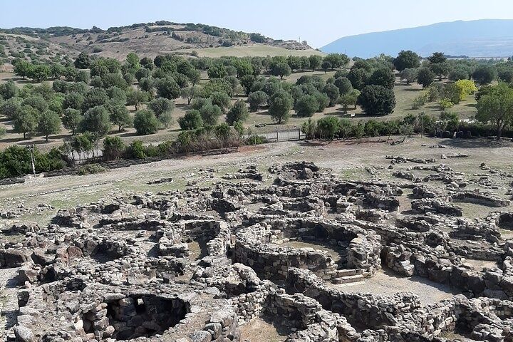 The Su Nuraxi surrounded by green trees and rolling hills under a clear blue sky..jpg