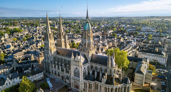 Photo of aerial view of Bayeux Cathedral, also known as Cathedral of Our Lady of Bayeux is a Roman Catholic church located in the town of Bayeux in Normandy, France.