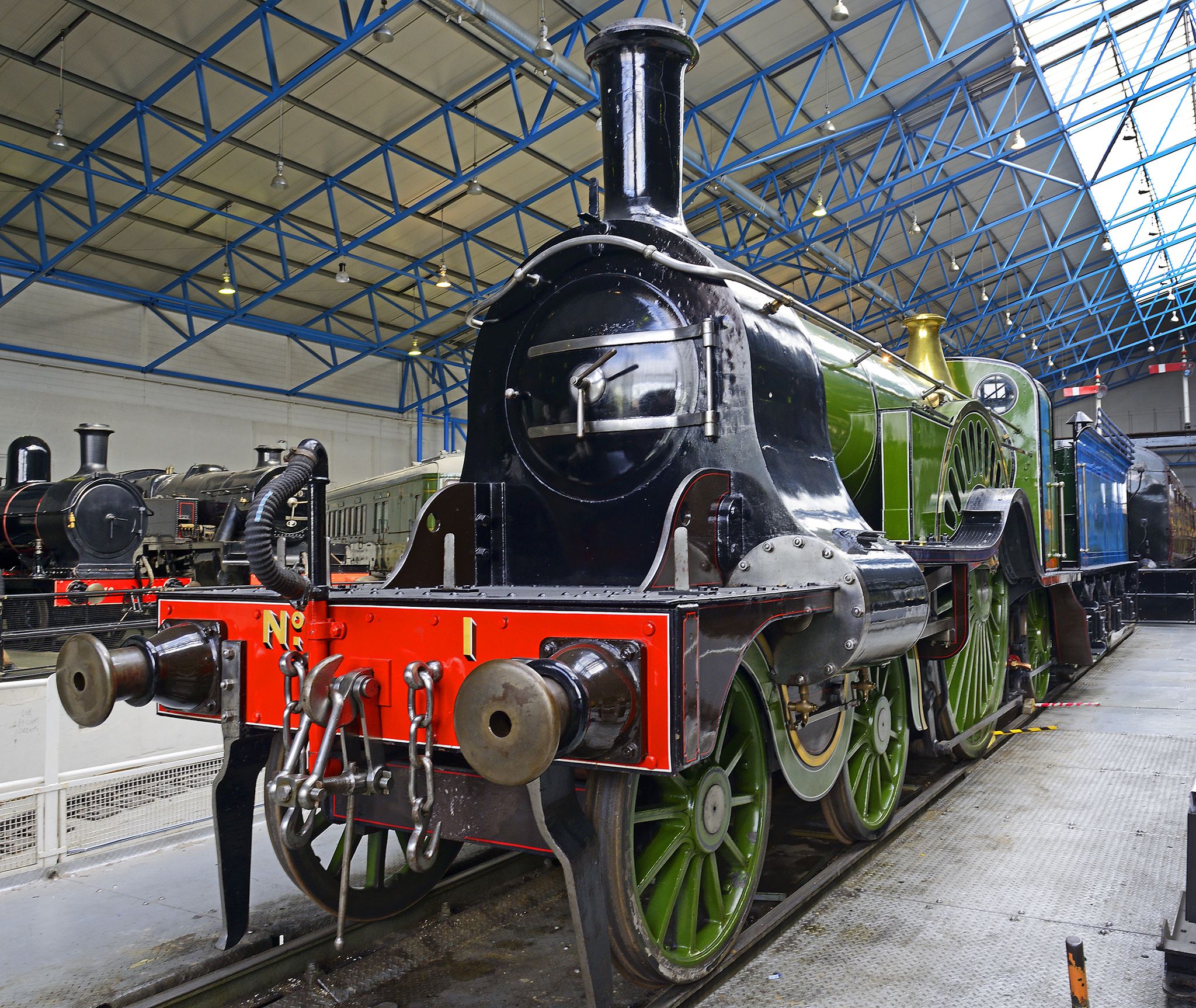 The legendary Flying Scotsman. Great Hall of National Railway Museum. The National Railway Museum telling the story of rail transport in Britain and its impact on society.