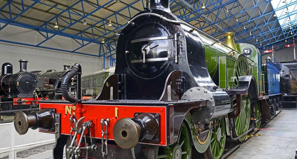 The legendary Flying Scotsman. Great Hall of National Railway Museum. The National Railway Museum telling the story of rail transport in Britain and its impact on society.