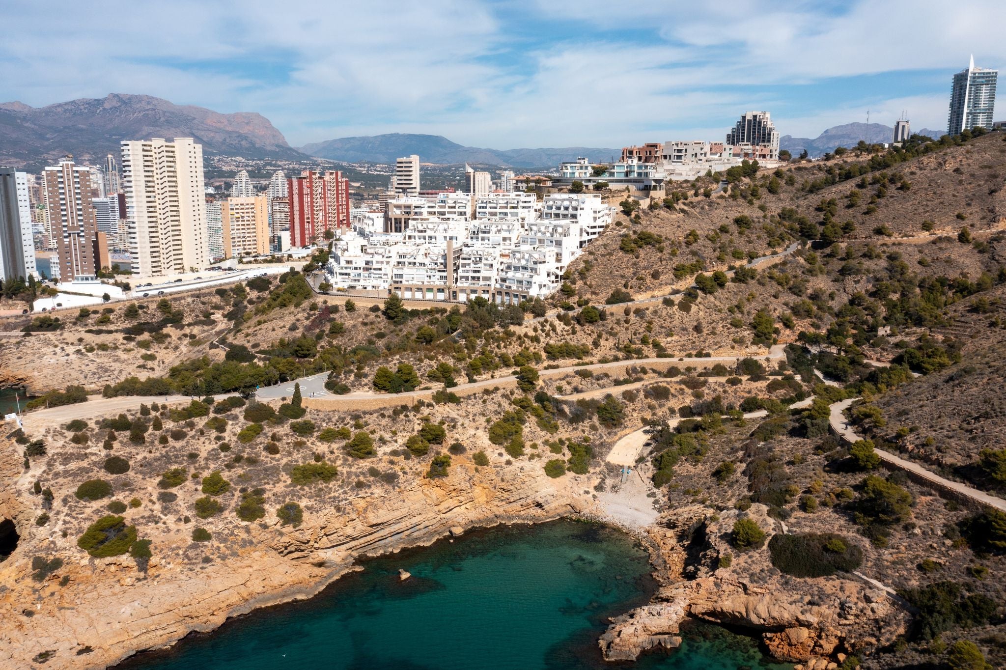 Photo of aerial view of Benidorm and Levante beach in Alicante Mediterranean of Spain.