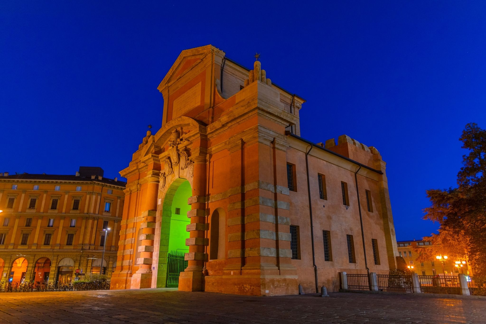 photo of view of Night view of the ancient gate Galliera (Porta Galliera) Bologna, Italy.