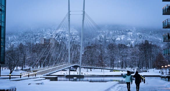 Photo of beautiful winter landscape of bridge in Drammen ,Norway.