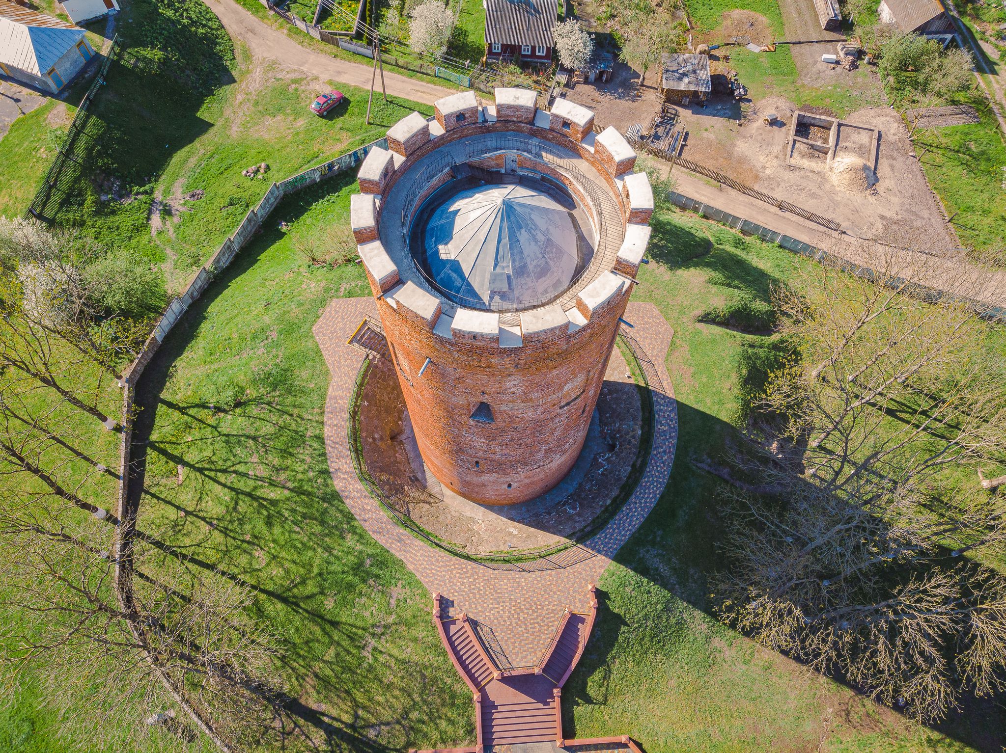 Photo of aerial view of old Tower of Kamyenyets, Belarus.