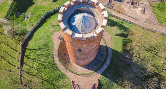 Photo of aerial view of old Tower of Kamyenyets, Belarus.