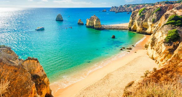 Photo of beautiful sandy beach near Lagos in Ponta da Piedade, Algarve region, Portugal.