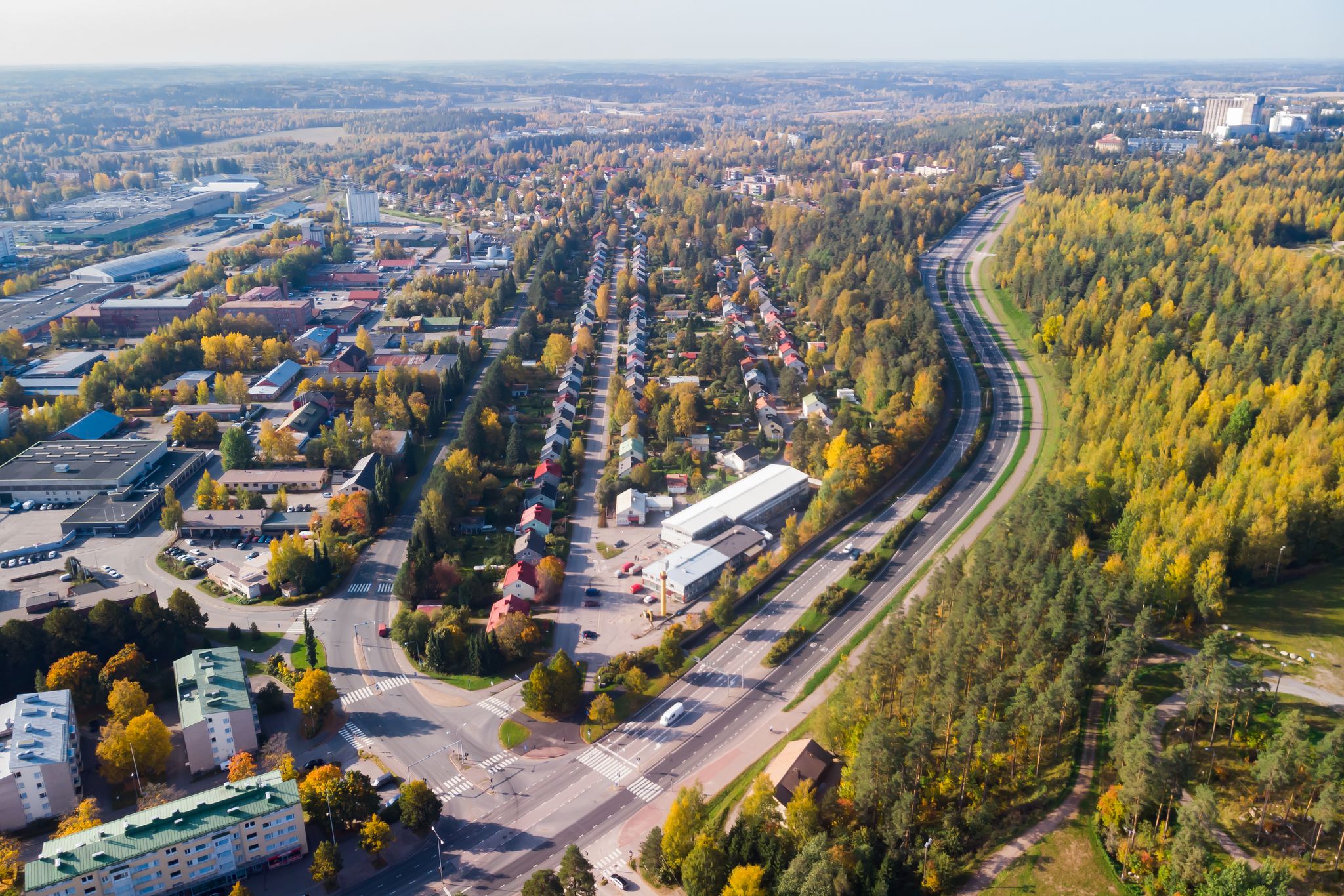 Aerial view to Lahti city at autumn morning, Finland