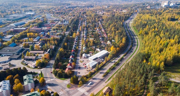 Aerial view to Lahti city at autumn morning, Finland