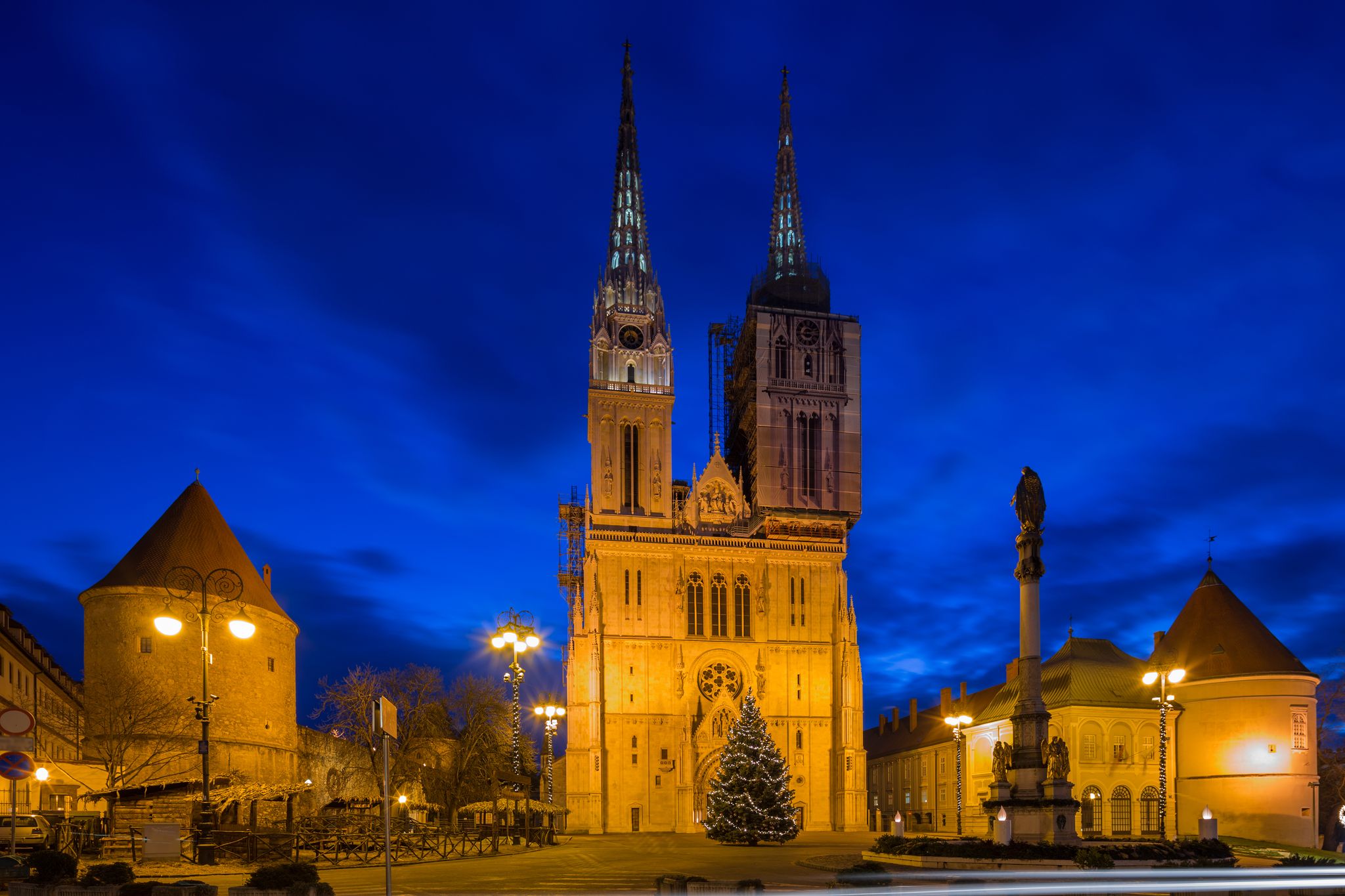 Photo of night view of Zagreb cathedral, Croatia.
