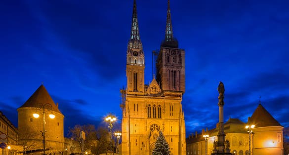 Photo of night view of Zagreb cathedral, Croatia.
