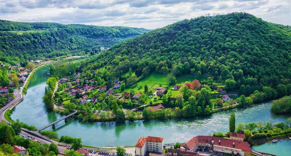 Aerial view to the old city from the citadel in Besancon of Bourgogne Franche Comte region in France.