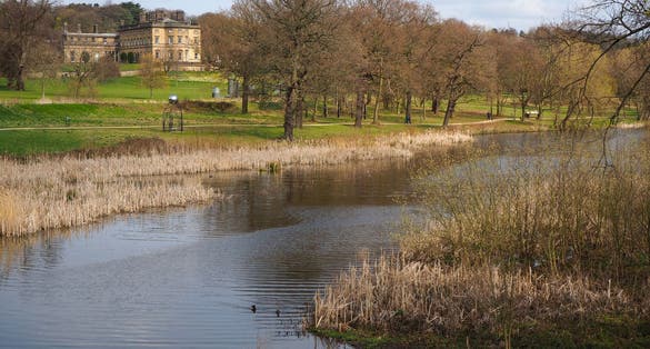 Photo of River Dearne and Bretton Hall in the Yorkshire Sculpture Park, West Yorkshire, England.