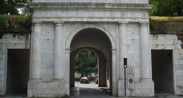 photo of View of Porta Elisa on the east side of the ancient city walls of Lucca, Italy. High quality photo, Lucca, Italy.