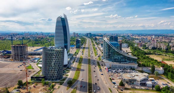 Photo of skyscrapers in the business district of Sofia, Bulgaria.