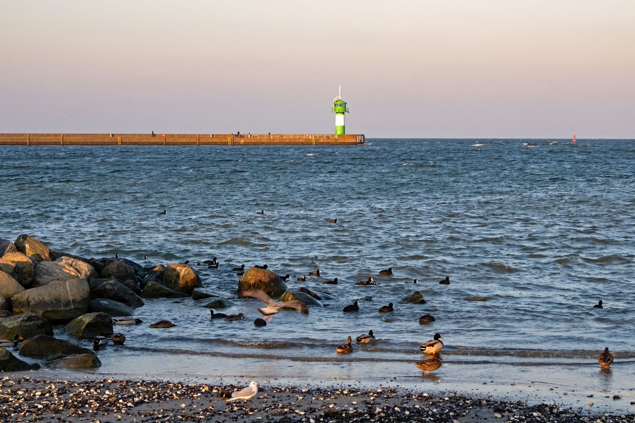 photo of view of View over the Baltic Sea to the lighthouse of Travemünde, Lübeck, Germany.