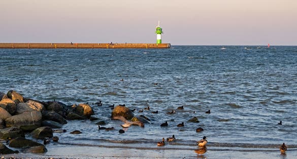 photo of view of View over the Baltic Sea to the lighthouse of Travemünde, Lübeck, Germany.
