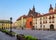 Small empty market square in Cracow, Poland in soft light of sunrise. Krakow, Maly Rynek.